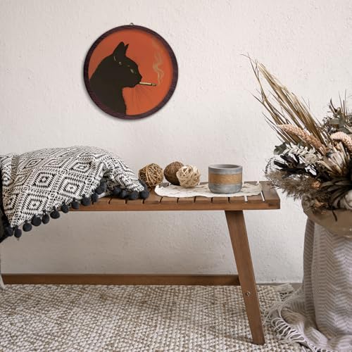 XDFVL Retro Black Cat Smoking Round Wall Art Decor, Rustic Frame Hanging Wooden Prints, Vintage Cottagecore Moody Round Wall Art Decor for Home Farmhouse Decorations, 10x10 Inch - color: smoking cat