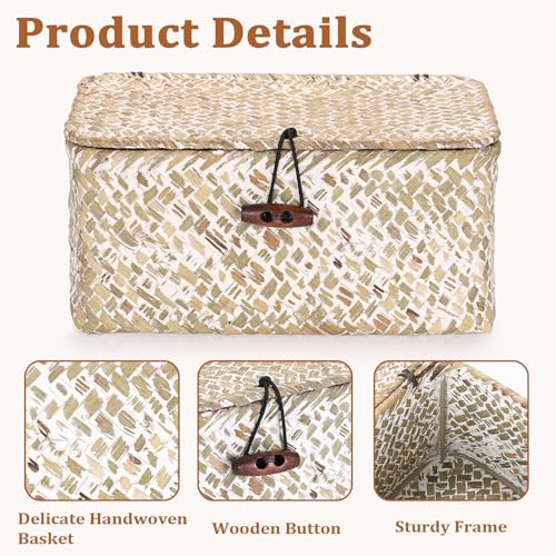 Handwoven Seagrass Basket Small Wicker Basket with Lid,7x4.3x 3.3" - color: Whitewash color, size: 7.0"L x 4.3"W x 3.3"H