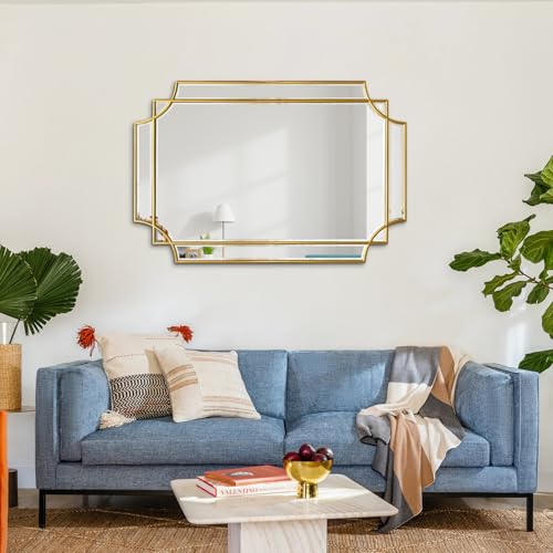 36"x24" Gold Rectangle Beveled Mirror with Geometric Wood Frame - color: Gold, size: 36"L x 24"W