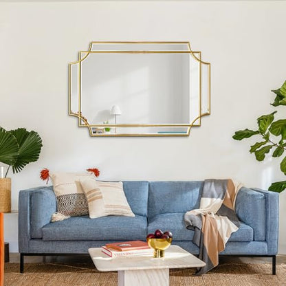 36"x24" Gold Rectangle Beveled Mirror with Geometric Wood Frame - color: Gold, size: 36"L x 24"W