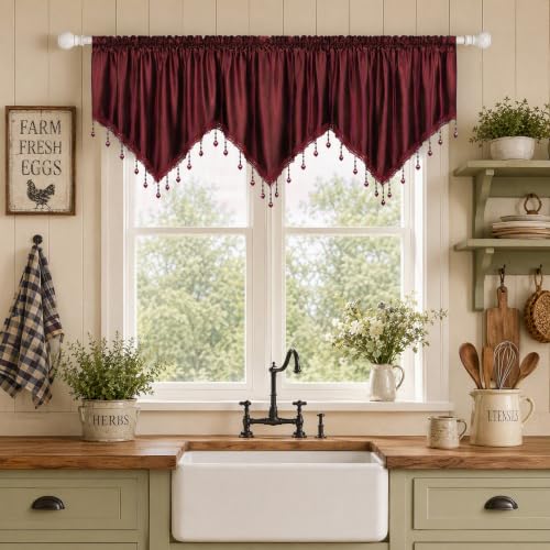 Molaxhome Swag Curtain Scalloped Curtain Valance Drape Sheer Lace Panel 1pc - color: Cloth Red