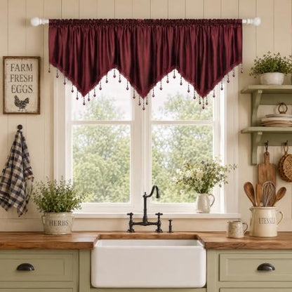 Molaxhome Swag Curtain Scalloped Curtain Valance Drape Sheer Lace Panel 1pc - color: Cloth Red