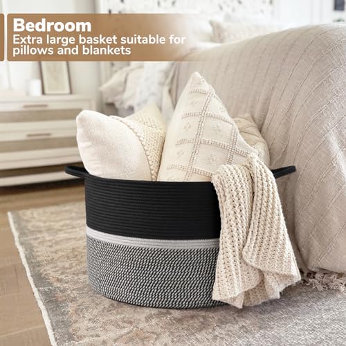 CHICVITA Extra Large Woven Rope Blanket Basket with Handles, Black - color: Black and Gray
