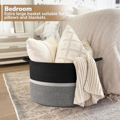 CHICVITA Extra Large Woven Rope Blanket Basket with Handles, Black - color: Black and Gray