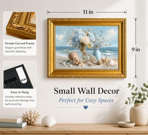 Coastal Bathroom Wall Art Gold Framed Blue Floral Beach Decor 9x11 inch - color: Coastal, size: 11"L x 9"W