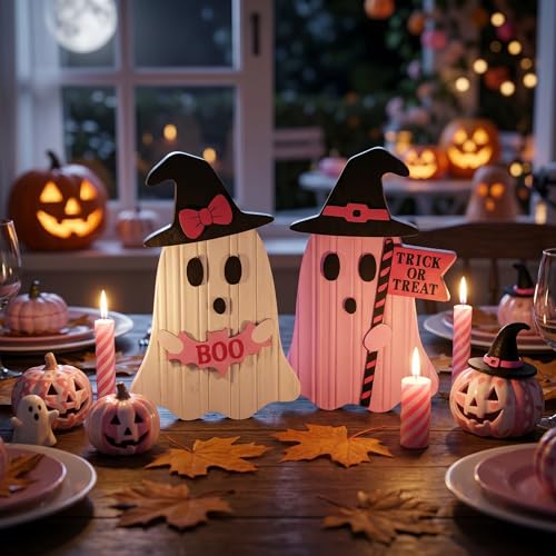 Valery Madelyn Pink Halloween Decor, Set of 2 Cute Halloween Ghost Decor, Witch Hat Boo & Trick or Treat Wooden Tabletop Signs for Home, Shelf, Tiered Tray Party Display, 7 Inch - size: Large