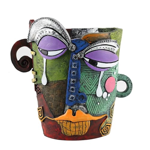 Picasso-Inspired Abstract Face Flower Pot | Unique Head Planter with Drainage Hole | Vibrant Colors & Quirky Art Decor (Tears) - color: Tears