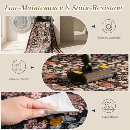 ThreadGlobe Patterned Washable 6x9 Area Rugs for Living Room, Black Brown - color: Black Brown Flower, size: 6' x 9'