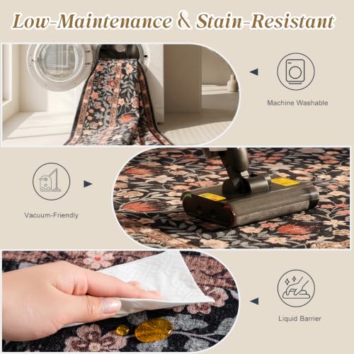 ThreadGlobe Patterned Washable 8x10 Area Rugs for Living Room, Black Brown - color: Black Brown Flower, size: 8' x 10'