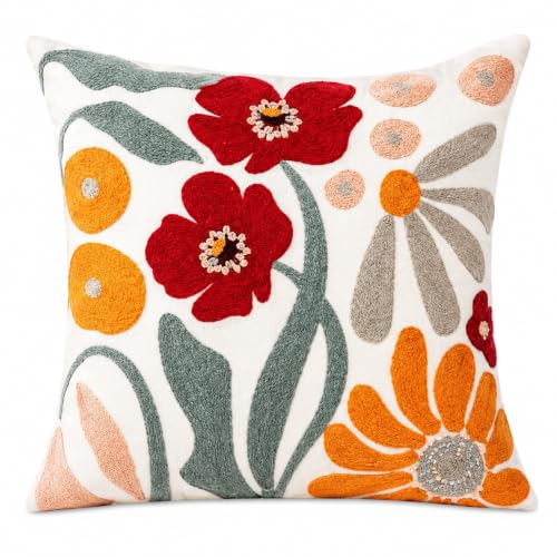 Selection Throw Pillow with Insert Included, 18x18 Inch Ivory White Woven Canvas Decorative Pillow, Colorful Floral Embroidery, Hidden Zipper, Farmhouse Boho Botanical Couch Sofa Bed Pillow