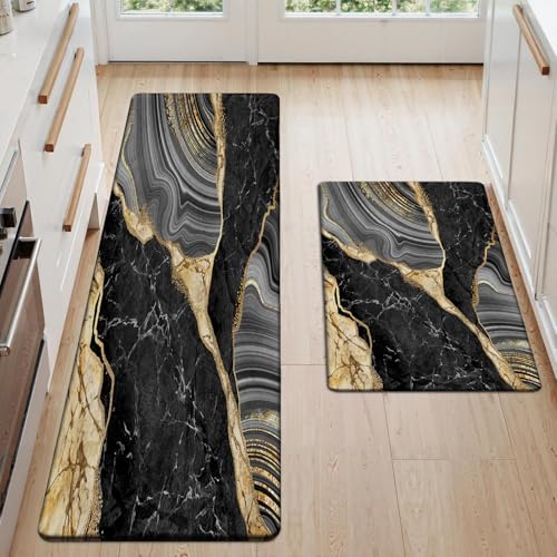 Kitchen Mats Set of 2, Cushioned Anti Fatigue Non Slip Waterproof Runner, Black Marble and Golden Veins Design, PVC Memory Foam for Kitchen Sink and Laundry - color: Black Marble