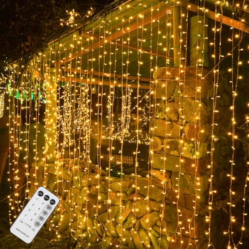 WATERGLIDE 300 LED Curtain Lights, Remote Control Christmas Hanging String Lights, 8 Lighting Modes, Plug in for Indoor Outdoor Holiday Ramadan Party Garden Backdrop Wedding Home Decor, Warm White - color: Warm White