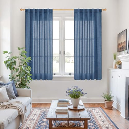 YoungsTex Blue Linen Semi Sheer Curtains 42 X 45 Inch Length - color: Navy, size: 42"W x 45"L (Pack of 2)