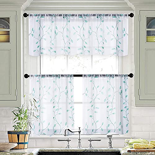 MRTREES Sheer Christmas Curtain Valance, 2 Panels Leaves Embroidered Small Valances Curtains 54x16 Inches, Rod Pocket Short Window Treatment Toppers for Living Room Bedroom Kitchen(Aqua Blue Leaves) - color: Leaves-aqua Blue