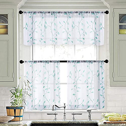 MRTREES Sheer Christmas Curtain Valance, 2 Panels Leaves Embroidered Small Valances Curtains 54x16 Inches, Rod Pocket Short Window Treatment Toppers for Living Room Bedroom Kitchen(Aqua Blue Leaves) - color: Leaves-aqua Blue