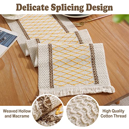 Boho Burlap Macrame Table Runner, Farmhouse Style Cotton Linen Rustic Woven Table Runner with Tassels for Dining, Wedding, Bridal Shower, Bohemian (12x108 inch, Yellow Grid) - color: Yellow Grid, size: 12x108 inch