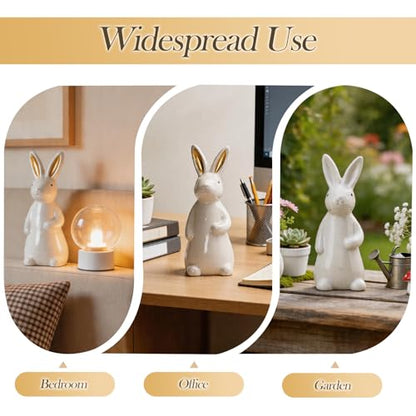 White Ceramic Bunny Figurine, 7.2 Inches Easter Bunny Statue, 1 Pcs Spring Easter Decor for Table Centerpiece, Mantel, Shelf, Windowsill Home Decor (Gold Ears)