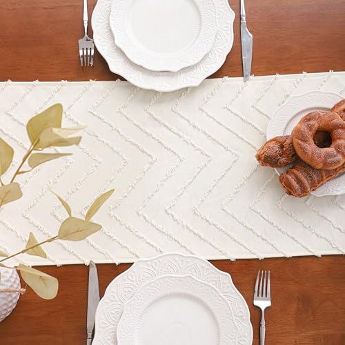 Boho Table Runner 12×120 Long with Tassels Beige Wave Fall Decor - color: Beige Wave