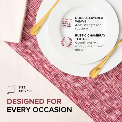 Cotton Placemats Set of 6-13x19 Inch, Woven Chambray Place Mats, Durable & Elegant for Dining Table, Wedding, Restaurant, Machine Washable, Oeko-TEX Certified -Winery/Red - color: Winery Red - Chambrey