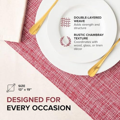 Cotton Placemats Set of 6-13x19 Inch, Woven Chambray Place Mats, Durable & Elegant for Dining Table, Wedding, Restaurant, Machine Washable, Oeko-TEX Certified -Winery/Red - color: Winery Red - Chambrey
