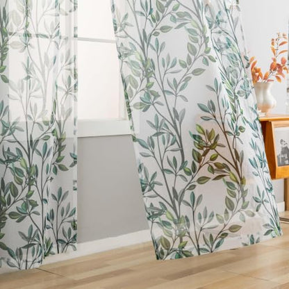 Green Leaves Sheer Curtains for Living Room 63 Inch Length 2 Panels - color: Leaf | Green, size: 50"W x 63"L (Pack of 2)