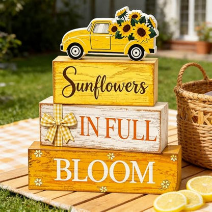 4 Pcs Summer Sunflower Table Decor, Wooden Sunflower Tiered Tray Decor with Truck, Rustic Farmhouse Yellow Block Tabletop Centerpiece for Home Kitchen Office Coffee Bar Fireplace Mantel Floating Shelf - style: Car