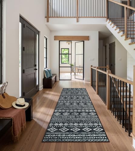 Lahome Moroccan Runners for Hallways, Washable 2.5x8 Black White Hallway Runner Rug Non-Slip, Low-Pile Soft Tribal Print Boho Indoor Bedroom Carpet Runners 8ft for Entryway Kitchen Laundry Varena - color: Black/White, size: 2.5' x 8'
