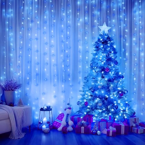 Minetom Curtain Lights, 300 LED Dimmable Twinkle Fairy Lights, 8 Modes - color: Blue & White, size: 1 Pack