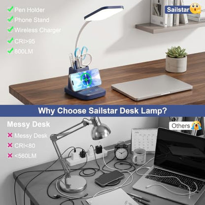 LED Desk Lamp with 10W Wireless Charging & Pen Holder, Navy Blue - color: Navy Blue