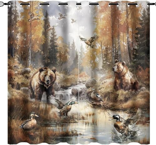 Cabin Fall Forest Bear Blackout Curtains Thermal Insulated Rustic Vintage Farmhouse Autumn Woodland Wildlife Pheasants Print Curtains Drapes for Room Darkening Grommet Window 2 Panels 45"L x 21"W - color: Cabin Fall Forest Bear, size: 42"W x 45"L (Pack of