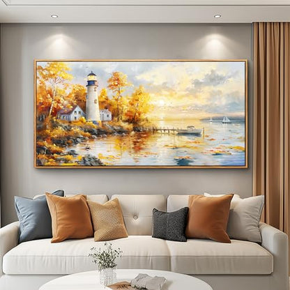 Large Framed Sunset Beach Canvas Wall Art Boat Lighthouse Seascape Painting - color: Lighthouse Painting Wood Framed, size: 48"L x 24"W