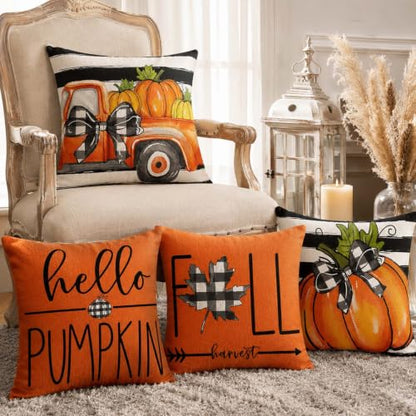 Fall Throw Pillow Covers for Home Strip Pumpkin Pillowcase 18x18 Set of 4 - color: Fall 01