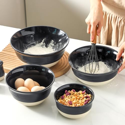 HASENSE Nesting Ceramic Mixing Bowls Set of 4, 2.5/1.5/1.0/0.5 Qt Black & Beige Stoneware Bowls, Farmhouse Bowls for Cooking, Baking, Fruit & Holiday Serving, Dishwasher & Microwave Safe - color: Black, size: 84+65+40+20 oz