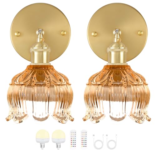 Battery Operated Wall Sconces Set of 2, Amber Tulip Glass Wall Lights | Rechargeable flower wall lamps with remote control, 15 colors, 10-level dimming and timer for bedroom and living room - color: Amber