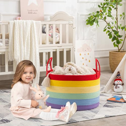 KAKAMAY Large Blanket Basket with Handles, Storage Basket for Living Room - color: Rainbow