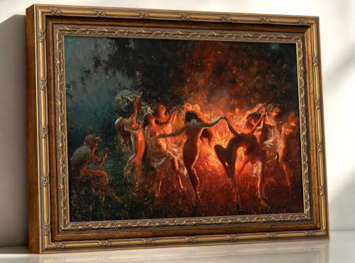 Vintage Gold Frame Fire Dance Wall Art, Gothic Canvas Painting Print for Dark Academia Decor, Moody Fantasy Ritual Picture for Living Room Bedroom Aesthetic, Occult Witchy Home Office Art 9x11 In - color: fire dance, size: 11"L x 9"W