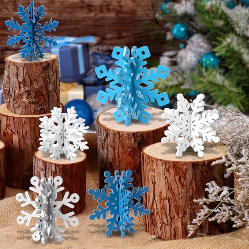 Wooden Snowflake Decorations, 3D Christmas Table Decorations, Set of 18 - color: White Silver Blue, size: 18 set