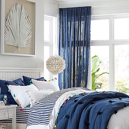 Pom Pom Navy Blue Sheer Curtains for Bedroom 52x84" Linen Textured Drape 2 - color: Classic Blue, size: 52"W x 84"L (Pack of 2)