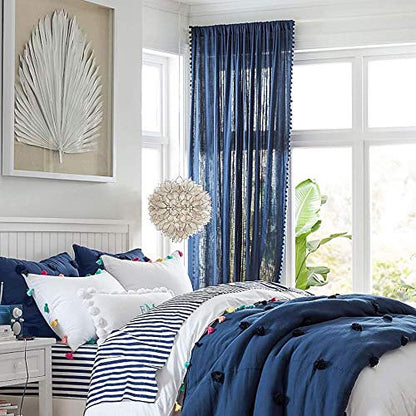 Pom Pom Navy Blue Sheer Curtains for Bedroom 52x84" Linen Textured Drape 2 - color: Classic Blue, size: 52"W x 84"L (Pack of 2)