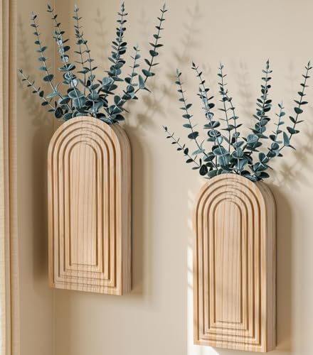 DREAMLOOM 2 Pack Wooden Wall Vases with Eucalyptus Artificial Plants, Wall Hanging Planters Boho Modern Farmhouse Indoor for Narrow Spaces Entryway Bathroom Home Office Decoration, Retro - color: A-retro