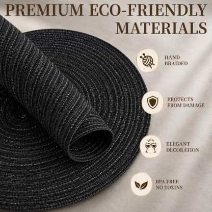 TaroKitc 15 inch Round Placemats Set of 6, Black - color: Black