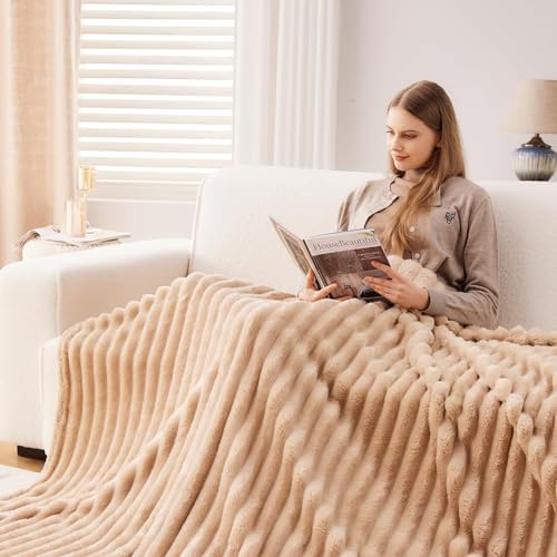 NEWCOSPLAY Fleece Ribbed Cozy Queen Blanket for Couch, Brown, 90"x90" - color: Brown Ribbed, size: Queen(90"x90")