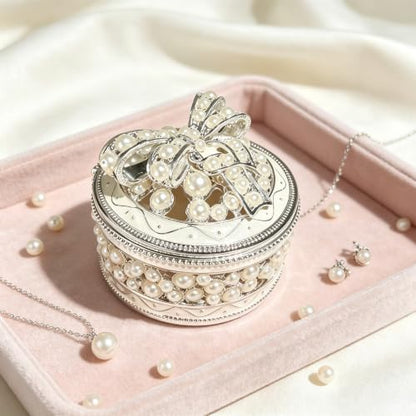 Metal Enamel Pearl Bow Jewelry Box Mini Trinket Storage Gift for Jewelry - color: Round