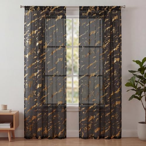 Horaldaily 2Pcs Black Sheer Curtains for Window 52x72in, Gold Sequin Marble - color: Black and Gold, size: 52"W x 72"L (Pack of 2)