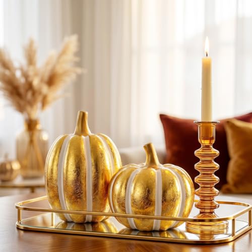 FESTGLOX 2Pcs Resin Pumpkin Figurines, Fall Thanksgiving Decor - color: Gold and White-2pcs