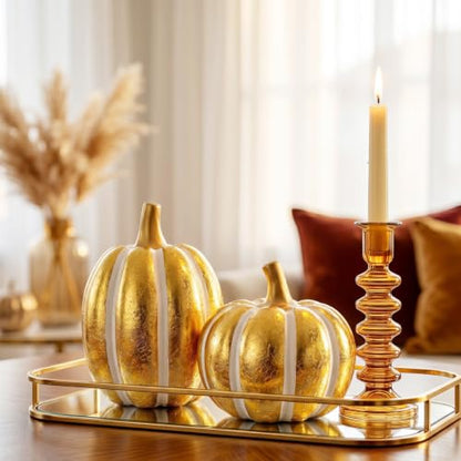 FESTGLOX 2Pcs Resin Pumpkin Figurines, Fall Thanksgiving Decor - color: Gold and White-2pcs