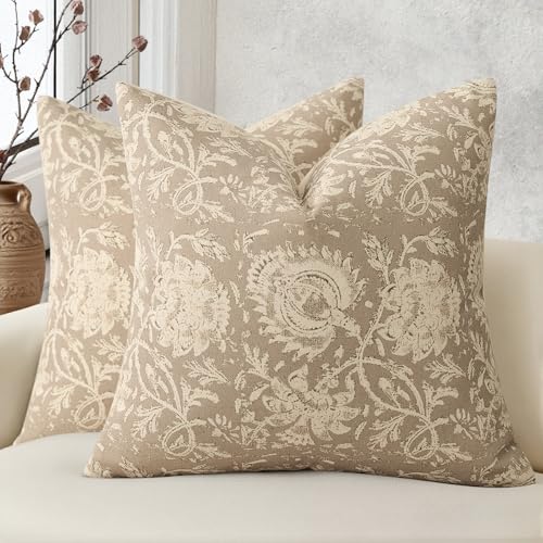 Vintage Floral Print Throw Pillow Covers 16x16 Set of 2 Neutral Modern Farmhouse Pillowcases Accent Decorative Cushion Covers Boho Home Decor for Couch Sofa Chair Bed Living Room, Latte - color: Latte, size: 16" x 16" (Pack of 2)