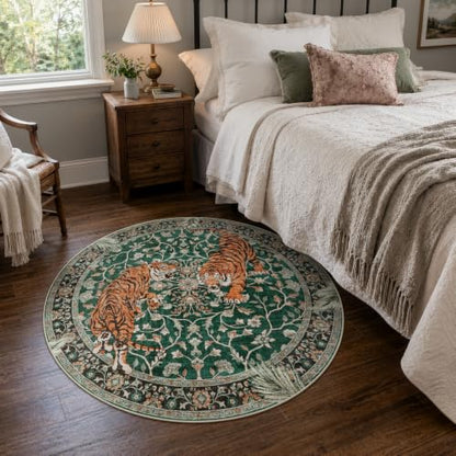 Moynesa 5ft Round Boho Tiger Rug, Green Washable Rug for Living Room - color: Green, size: 5' (Round)