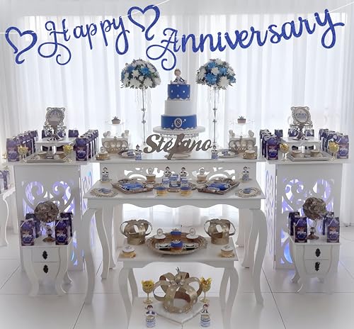 Pre-Strung Happy Anniversary Banner - Royal Blue Glitter Wedding Anniversary Decorations, Party Photo Booth Props - color: Royal Blue