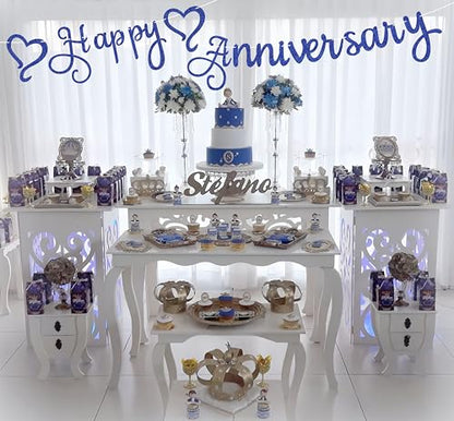 Pre-Strung Happy Anniversary Banner - Royal Blue Glitter Wedding Anniversary Decorations, Party Photo Booth Props - color: Royal Blue